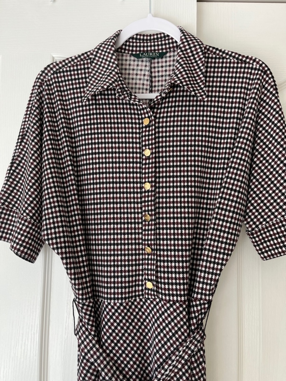 Lauren Ralph Lauren Burgundy, Black & White Houndstooth Button-Front dress